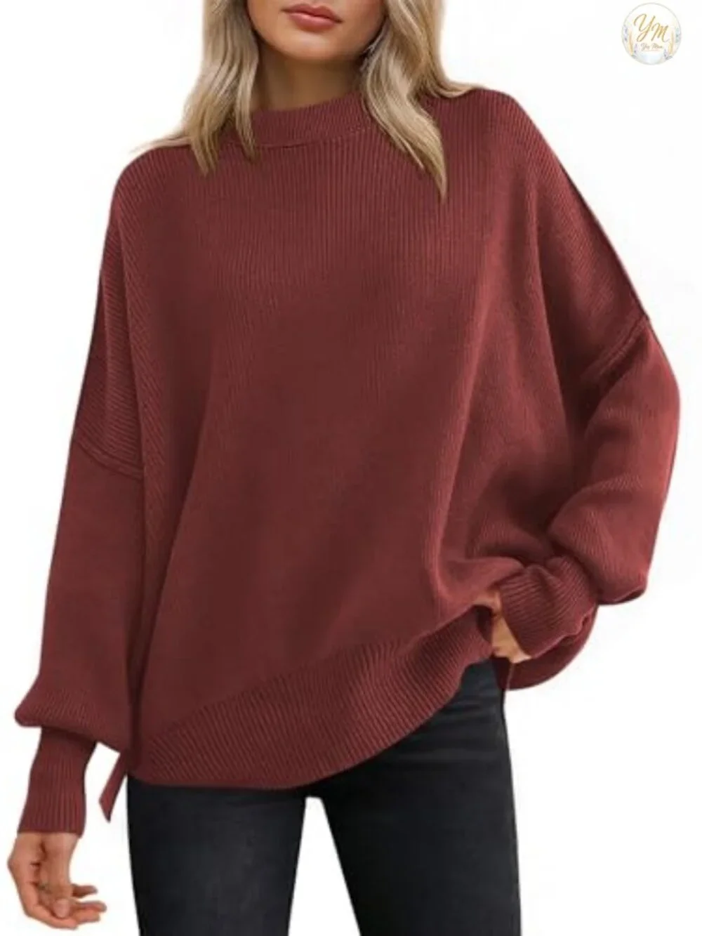 Oversized Knit Sweater Batwing Long Sleeve Crew Neck Side Slit Pullover Casual